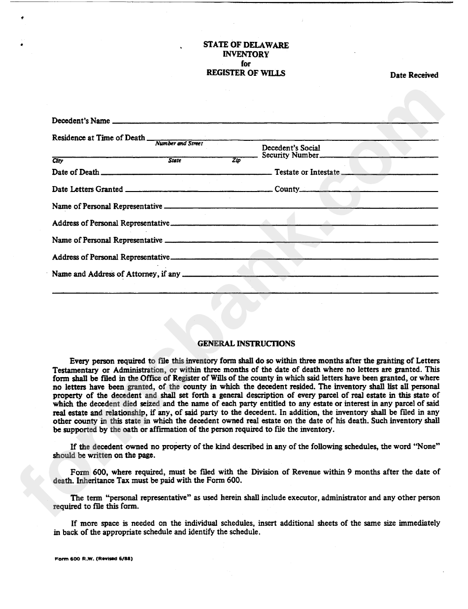 Form 600 R.w. - Inventory For Register Of Wills