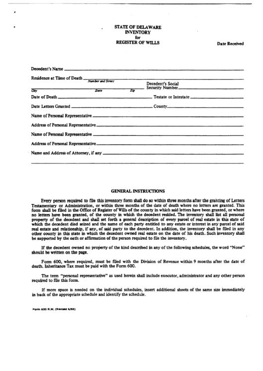 Form 600 R.w. - Inventory For Register Of Wills Printable pdf