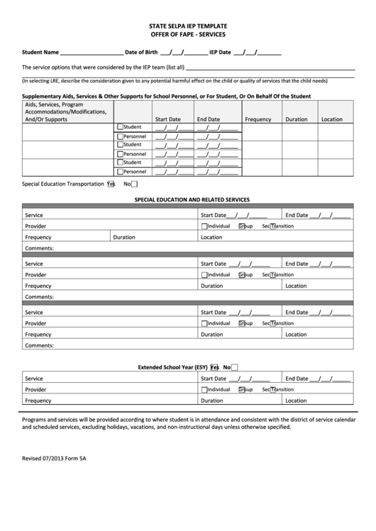 Form 5a - Offer Of Special Education And Related Services Printable pdf