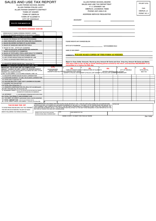 Sales And Use Tax Report - Allen Parish School Board Printable pdf
