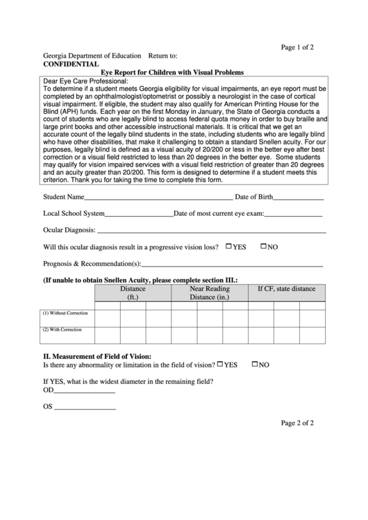Eye Report Form For Children With Visual Problems Printable pdf