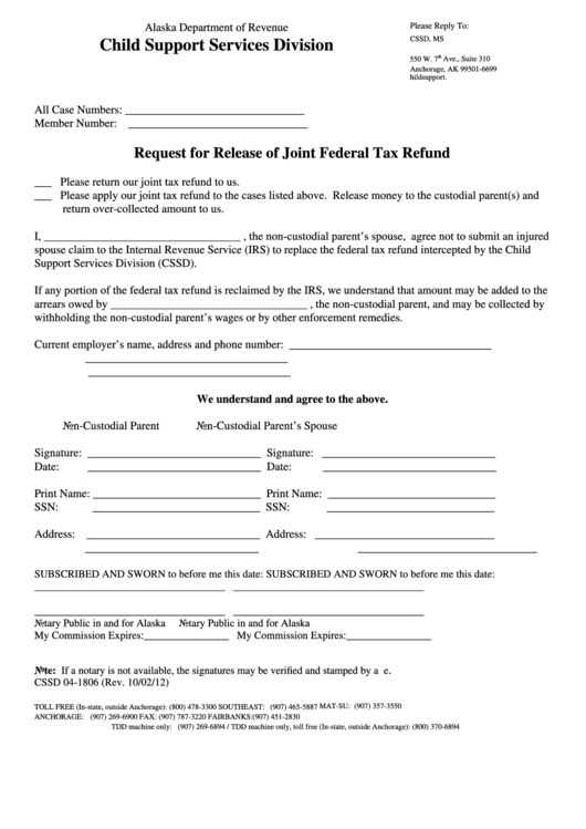 Form Cssd 04-1806 - Request Form For Release Of Joint Federal Tax Refund Printable pdf