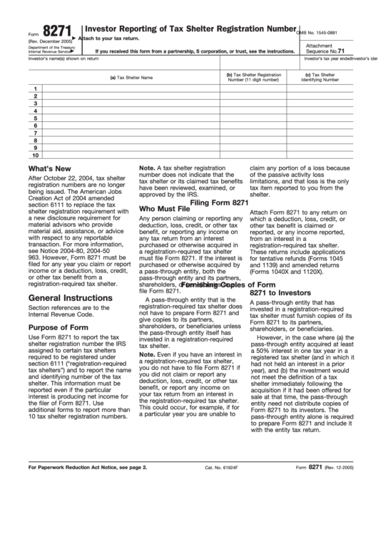 Fillable Form 8271 - Investor Reporting Of Tax Shelter Registration Number Form Printable pdf