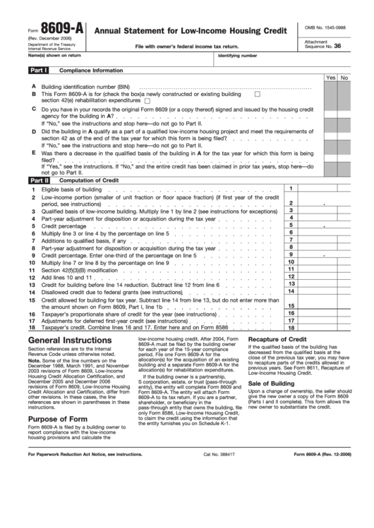 Fillable Form 8609-A - Annual Statement For Low-Income Housing Credit Template Printable pdf