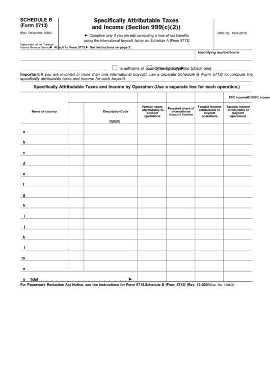 Fillable Form 5713 (Schedule B) - Specifically Attributable Taxes And Income Form Printable pdf