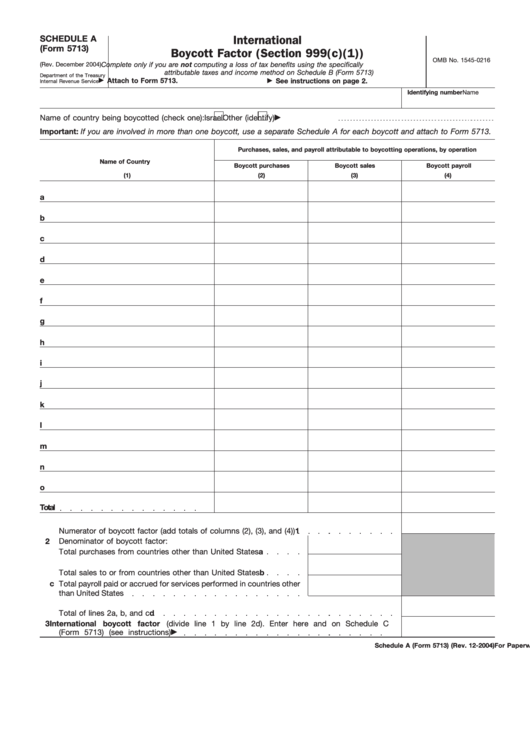 Fillable Form 5713 (Schedule A) - International Boycott Factor Form Printable pdf