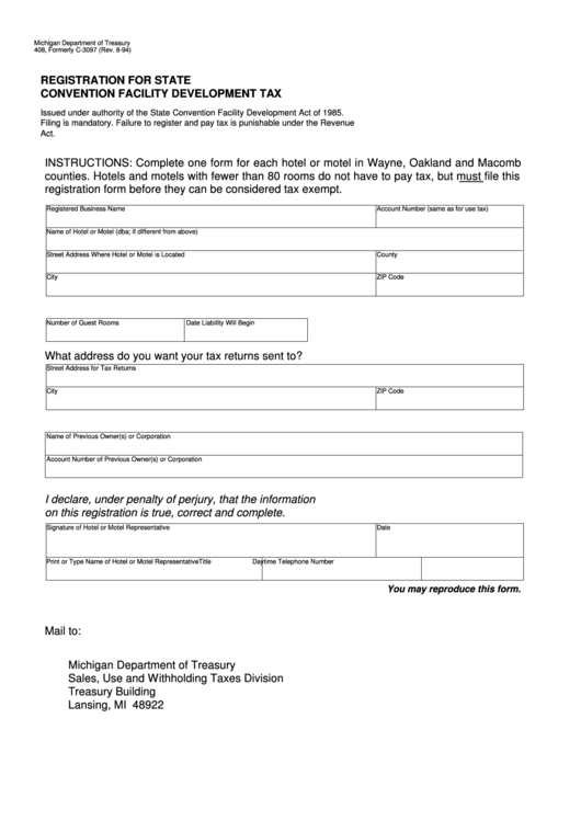 Fillable Form 408 - Registration For State Convention Facility Development Tax Form Printable pdf
