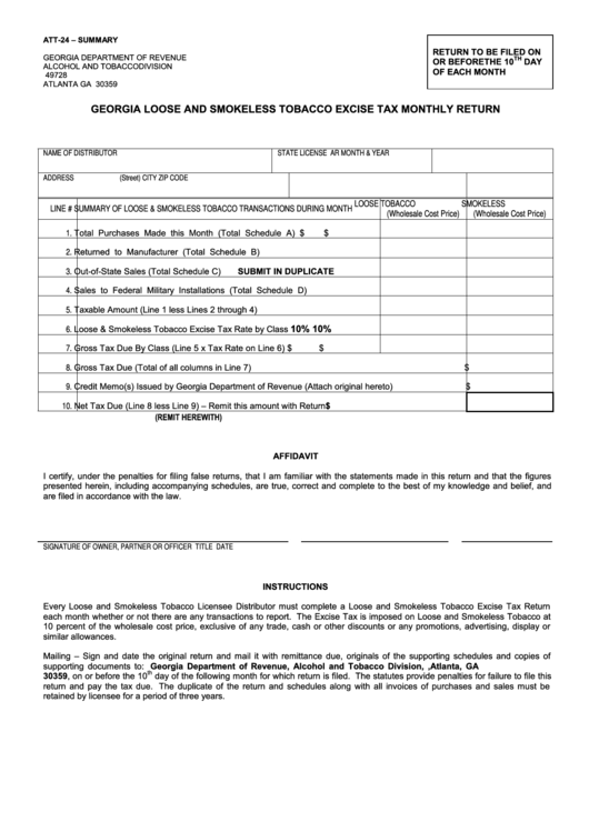 Form Att-24 - Georgia Loose And Smokeless Tobacco Excise Tax Monthly Return Form - Georgia Department Of Revenue Printable pdf