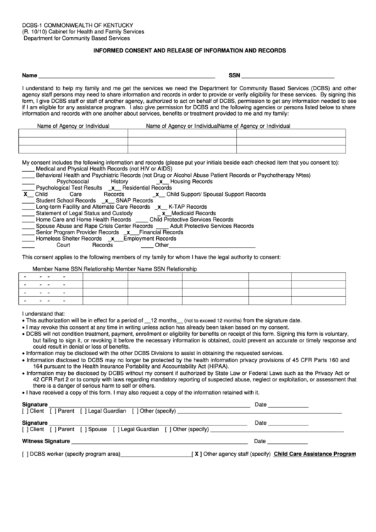 Form Dcbs-1 - Informed Consent And Release Of Information And Records Printable pdf