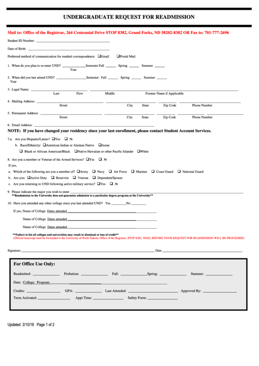 Undergraduate Request Form For Readmission