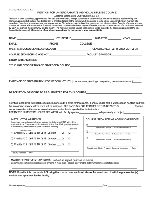 Petition Form For Undergraduate Special Study Course Printable pdf