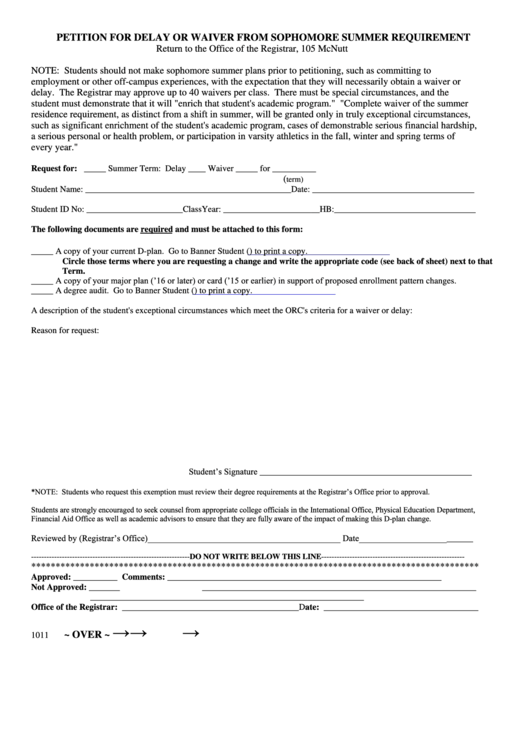 Petition Form For Delay Or Waiver From Sophomore Summer Requirement Printable pdf