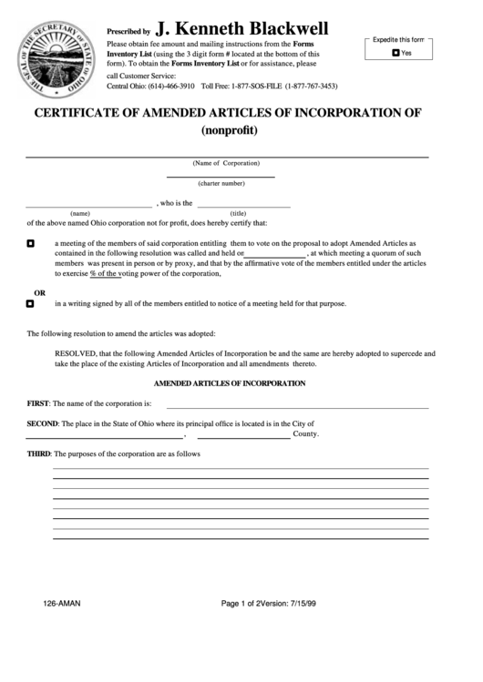 Fillable Form 126-Aman - Certificate Of Amended Articles Of Incorporation - State Of Ohio Printable pdf