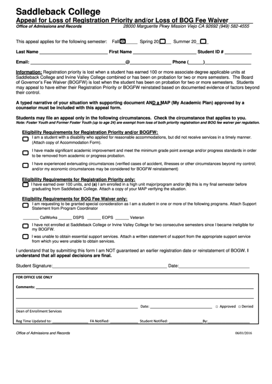 Appeal For Loss Of Registration Priority And/or Loss Of Bog Fee Waiver Form