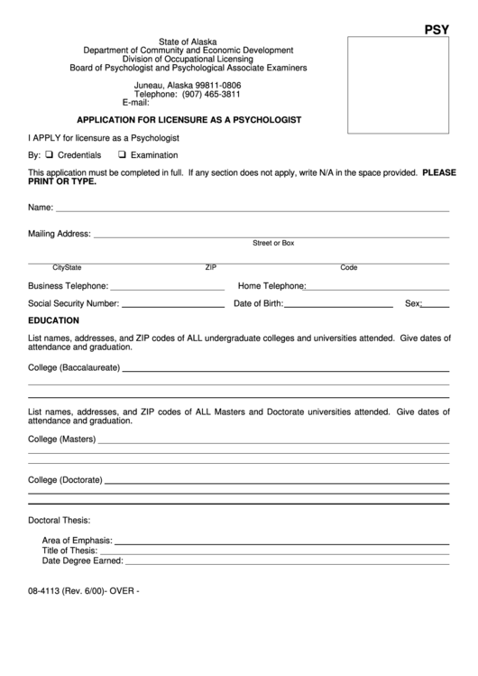 Form 08-4113 - Application For Licensure As A Psychologist Printable pdf