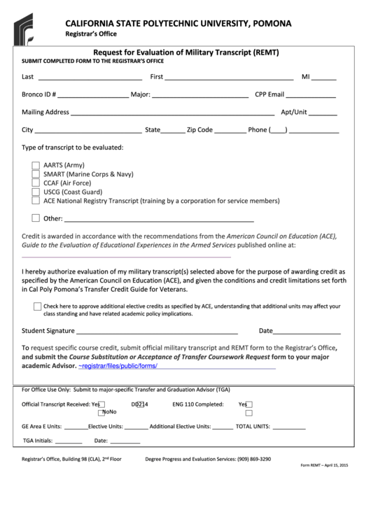 Form Remt - Request Form For Evaluation Of Military Transcript Printable pdf