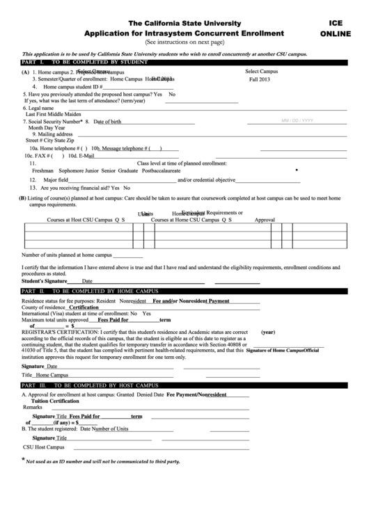 Fillable Application Form For Intrasystem Concurrent Enrollment Printable pdf