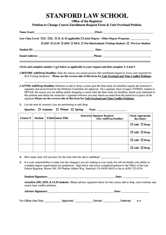 Petition To Change Course Enrollment Request Form & Unit Overload Petition Printable pdf