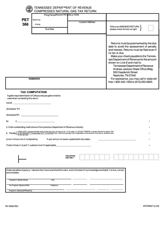 Form Pet 366 - Compressed Natural Gas Tax Return Form - Tennessee Department Of Revenue Printable pdf