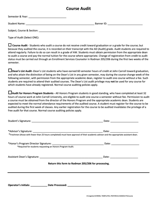 Course Audit Form Printable pdf
