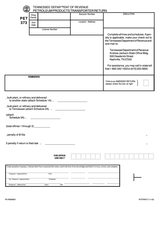 Form Pet 373 - Petroleum Products Transporter Return Form - Tennessee Department Of Revenue Printable pdf