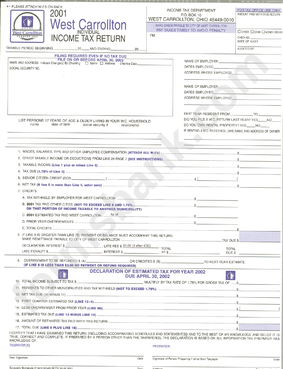 Individual Income Tax Return Form West Carrollton 2001 Printable Pdf Download 9376