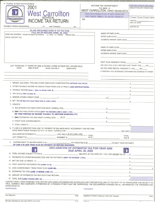 Individual Tax Return Form West Carrollton 2001 printable