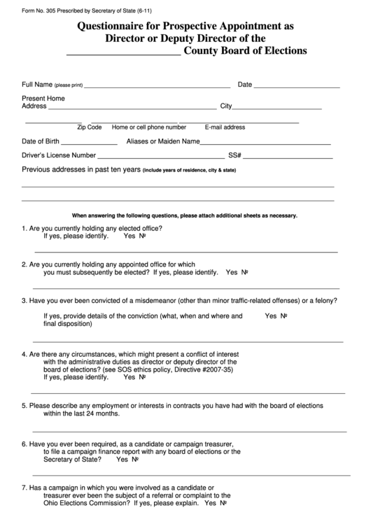 Fillable Form 305 - Questionnaire For Prospective Appointment As Director Or Deputy Director Of The County Board Of Elections Printable pdf