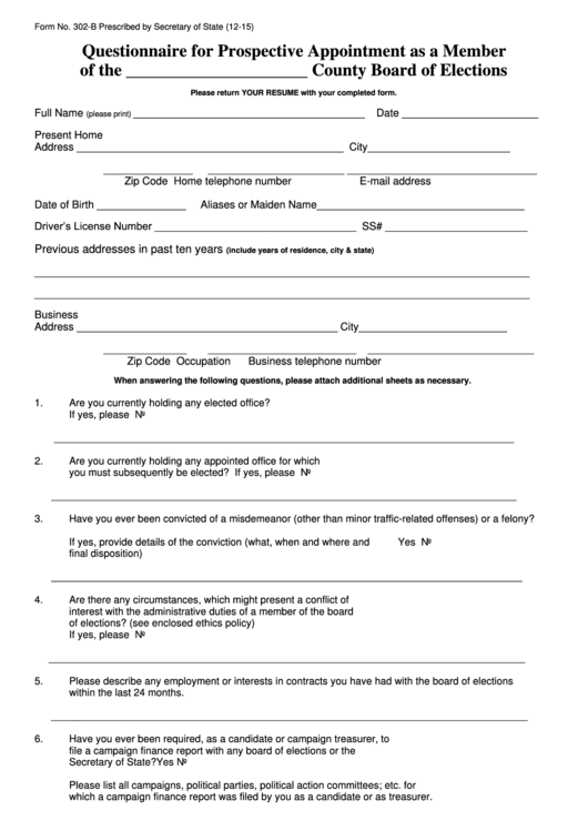 Fillable Form 302-B - Questionnaire For Prospective Appointment As A Member Printable pdf