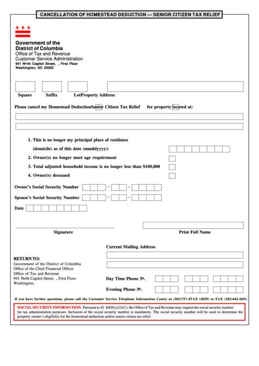 Cancellation Of Homestead Deduction - Senior Citizen Tax Relief Form - Government Of The District Of Columbia Printable pdf