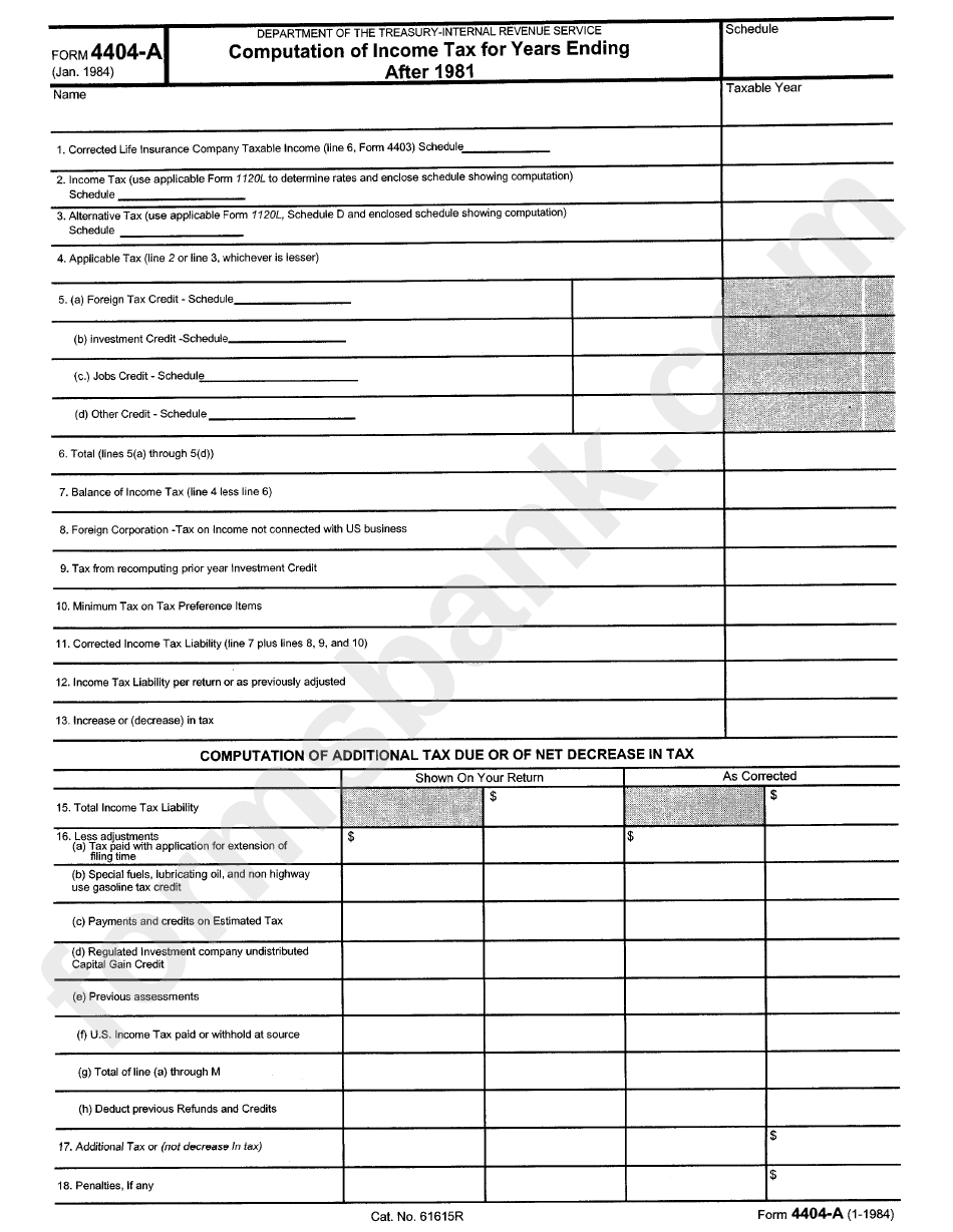 Form 4404-A - Computation Of Income Tax For Years Ending After 1981 Form