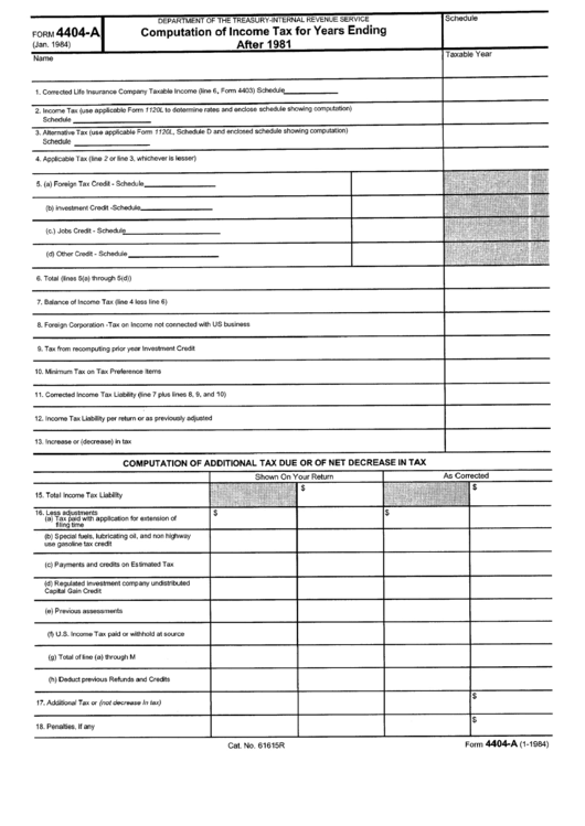 Form 4404-A - Computation Of Income Tax For Years Ending After 1981 Form Printable pdf
