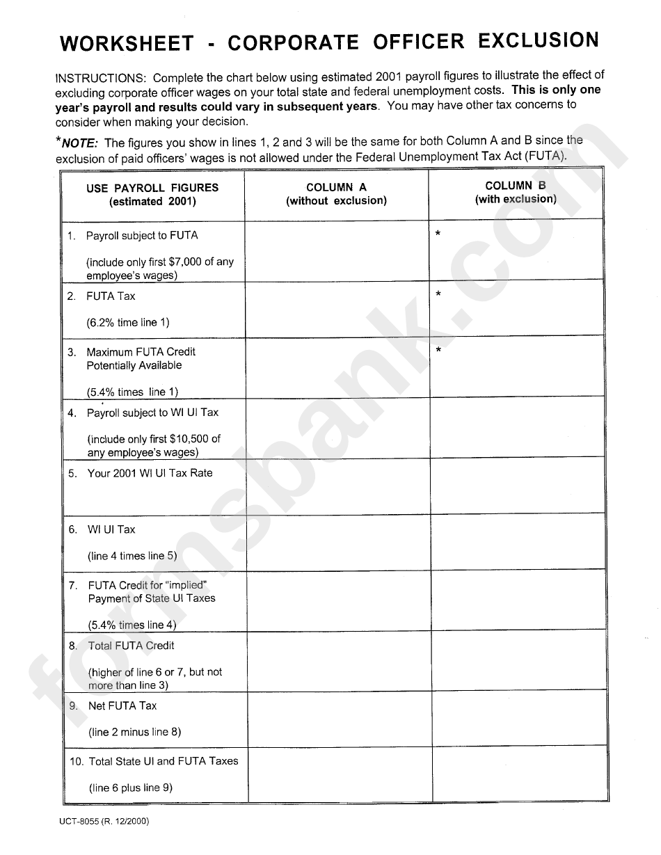Form Uct-8055 - Corporate Officer Exclusion Worksheet