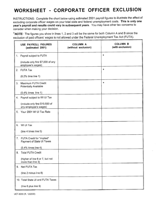 Form Uct-8055 - Corporate Officer Exclusion Worksheet Printable pdf