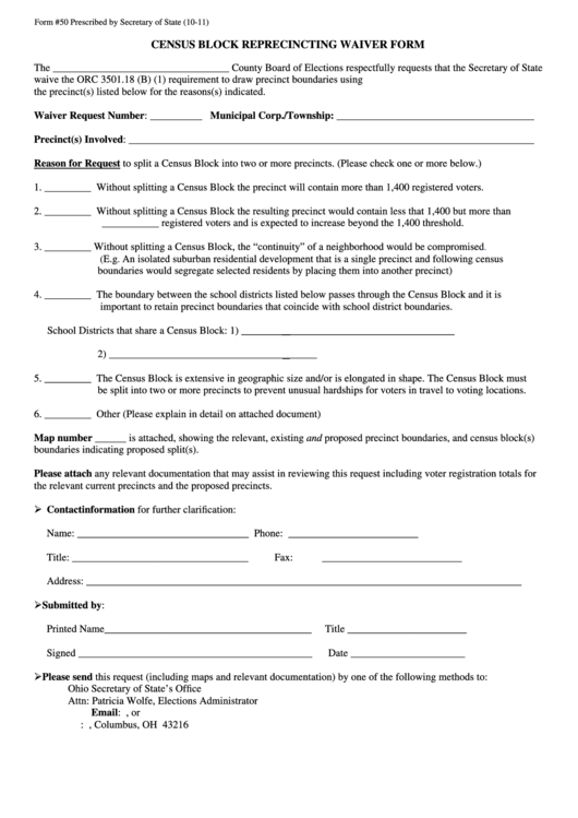 Fillable Form 50 - Census Block Reprecincting Waiver Form Printable pdf