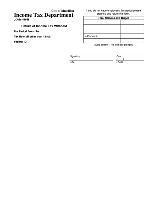 Return Of Income Tax Withheld Form - Income Tax Department - City Of Massillon Printable pdf