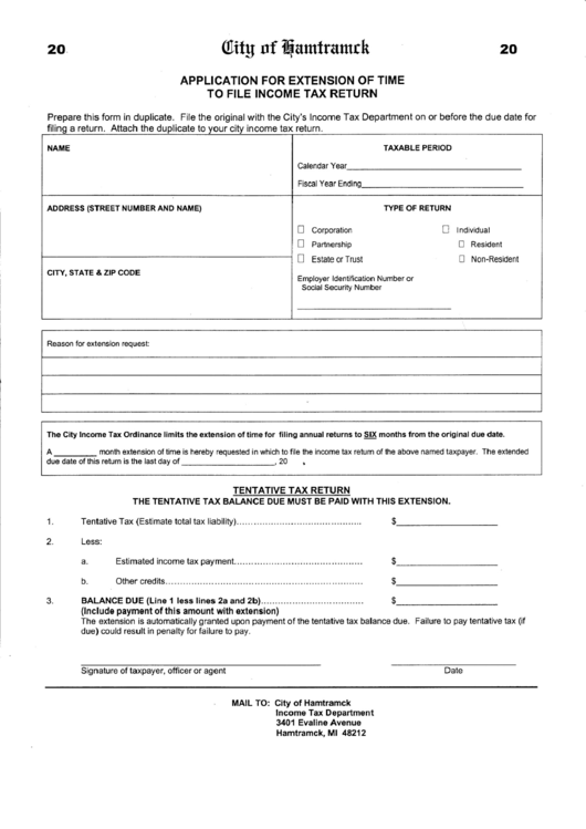 Application For Extension Of Time To File Income Tax Return Form Printable pdf