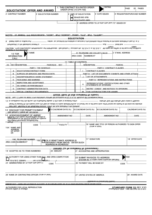 Fillable Form 33 - Solicitation, Offer And Award Printable pdf