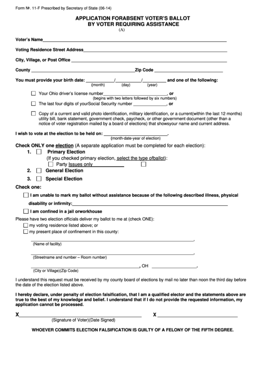 Fillable Form 11-F - Application For Absent Voter