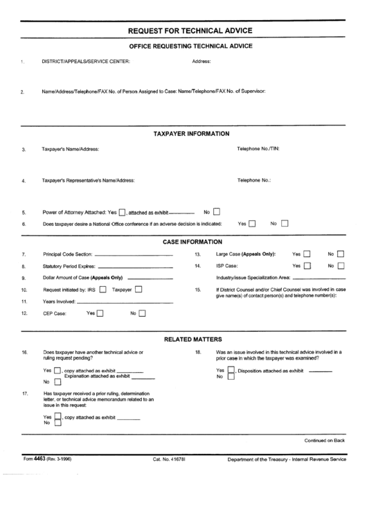 Form 4463 - Request For Technical Advice Form Printable pdf