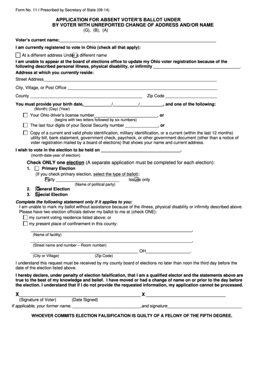 Fillable Form 11-I - Application For Absent Voter