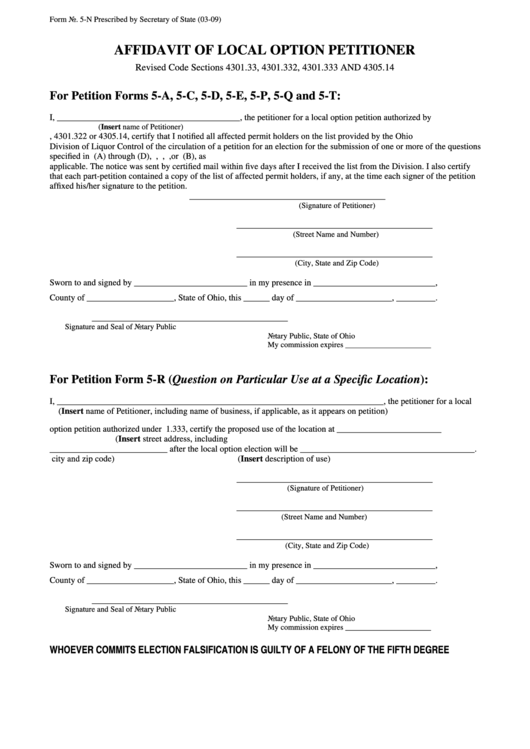 Form 5-N - Affidavit Of Local Option Petitioner Printable pdf