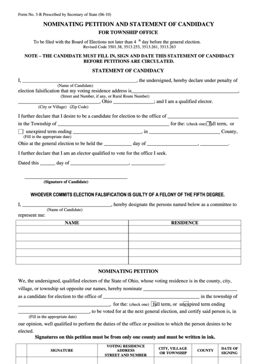 Form 3-R - Nominating Petition - Township Office Printable pdf