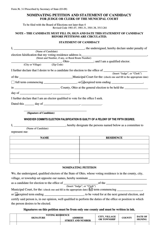 Form 3-I - Nominating Petition - Judge Or Clerk Of The Municipal Court Printable pdf