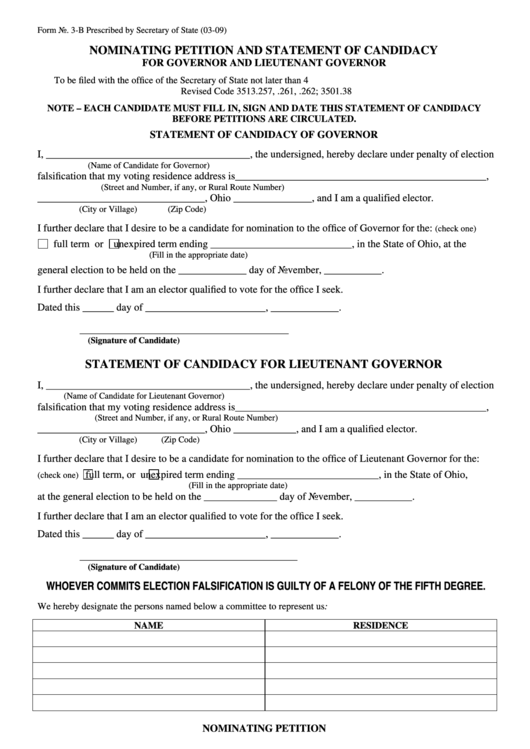 Form 3-b - Nominating Petition - Governor And Lieutenant Governor