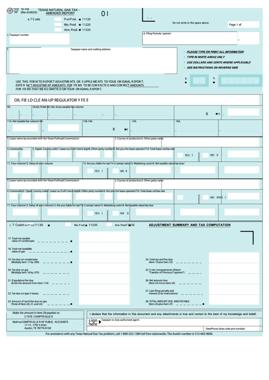 Fillable Form 10-145 - Natural Gas Amended Report - 2005 printable pdf ...