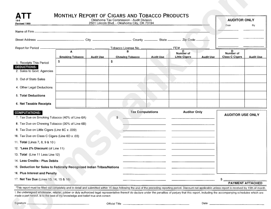 Form Att - Monthly Report Of Cigars And Tobacco Prodects