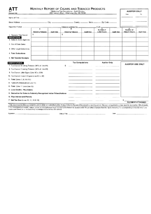 Form Att - Monthly Report Of Cigars And Tobacco Prodects Printable pdf