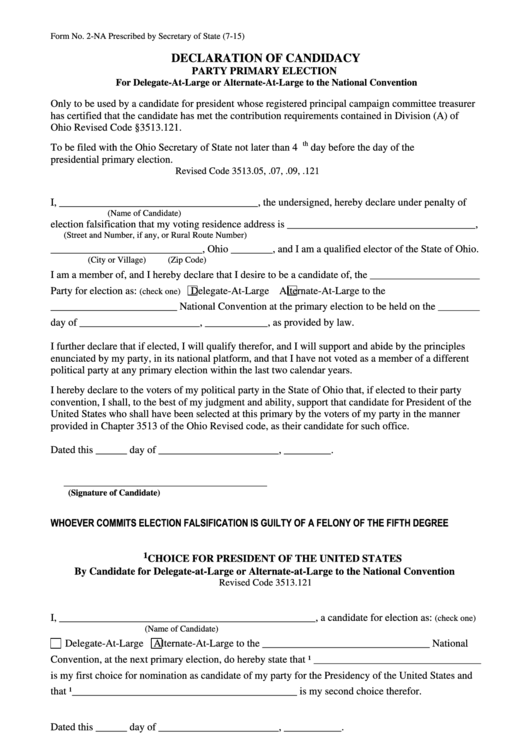 Form 2-Na - Declaration Of Candidacy - Choice For President Of The United States Printable pdf