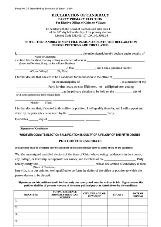Form 2-I - Declaration Of Candidacy - Party Primary Election - 2010 Printable pdf